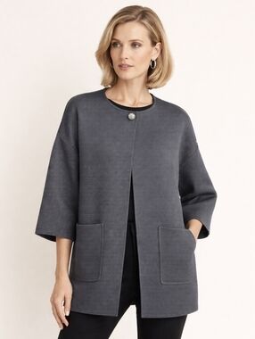 St. John Santana Knit Jacket,blazer Silk Lining, Crystal Button, Luxury Charcoal